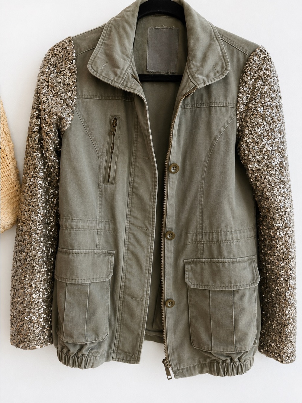 Utility Jacket with Sequin Sleeves - Olive Green